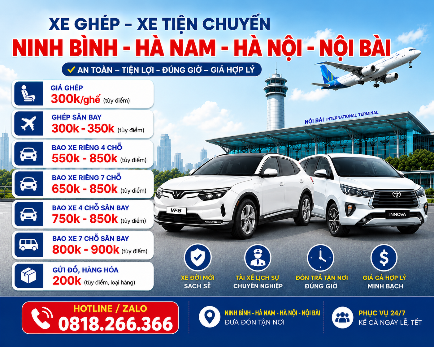 Xe tiện chuyến Hà Nam đi Hà Nội và sân bay Nội Bài
